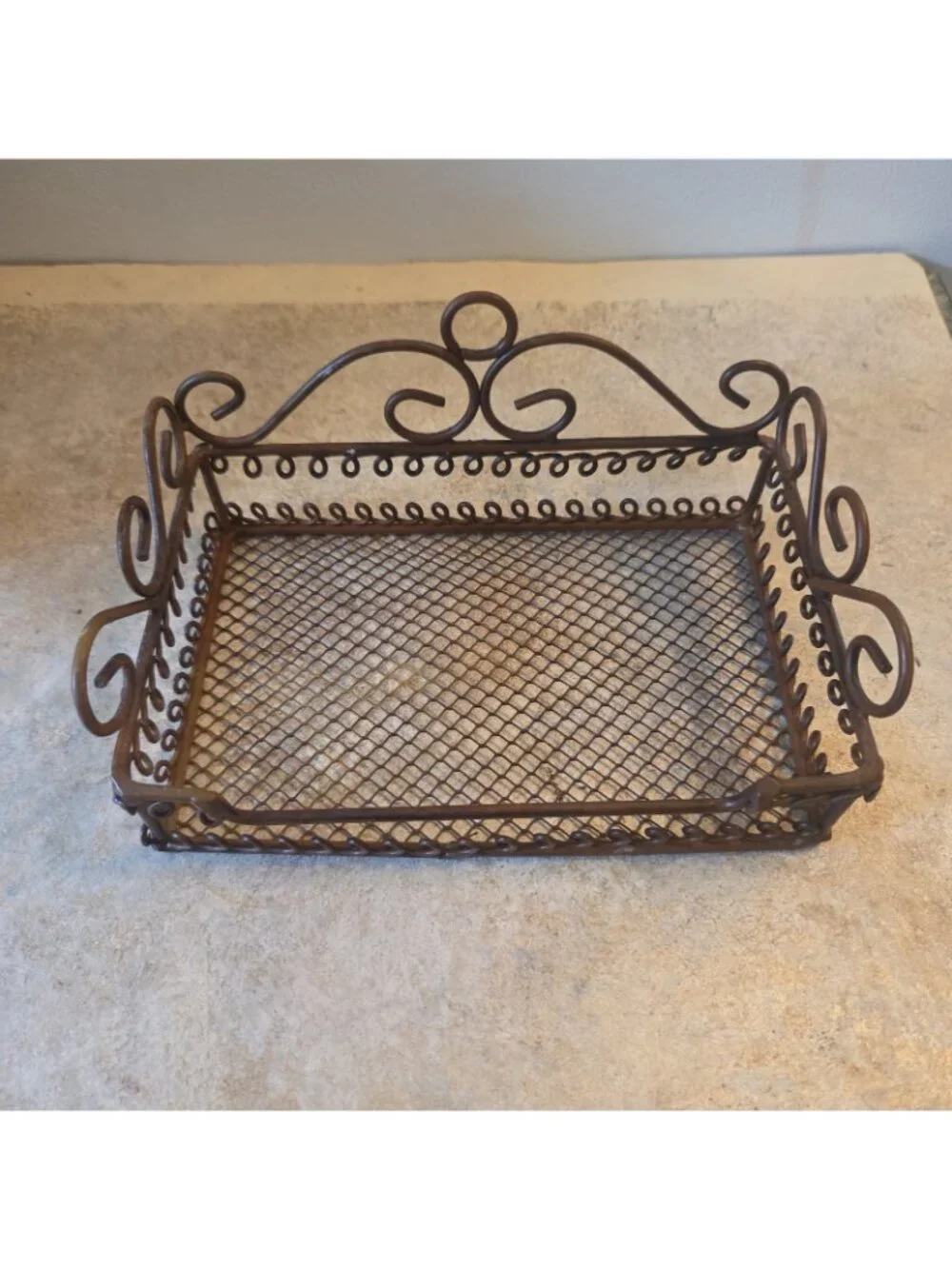 White Ceramic Soap Dish with Wrought Iron Holder Scrolled Brown Metal EUC